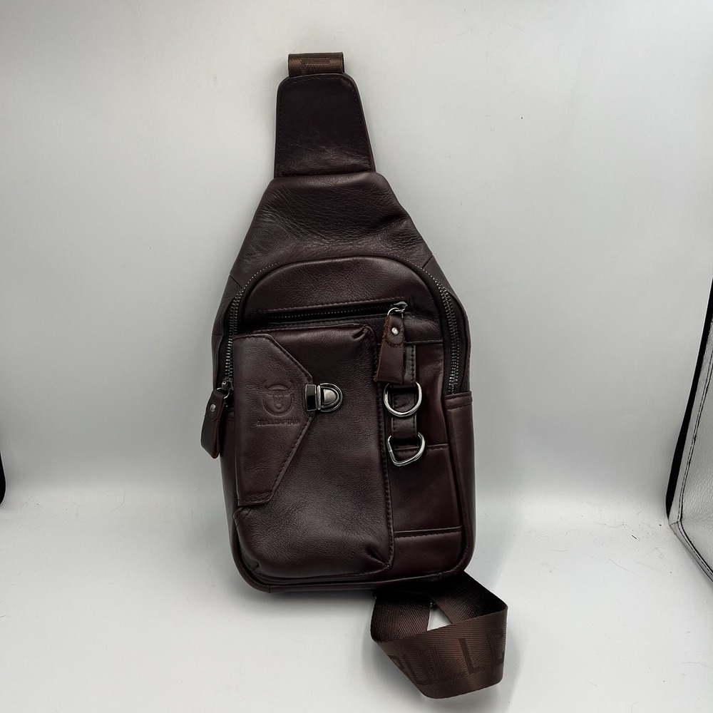 BULLCAPTAIN Genuine Chocolate Brown Leather Men's Chest Bag Shoulder Messenger